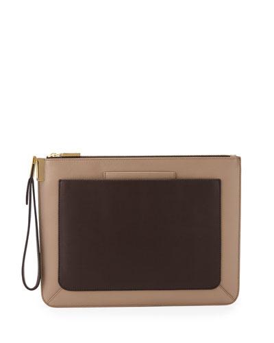 Ishi Large Leather Wristlet, Oyster/cacao