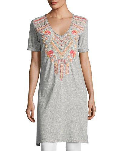 Side-slit Embroidered Jersey Tunic, Gray