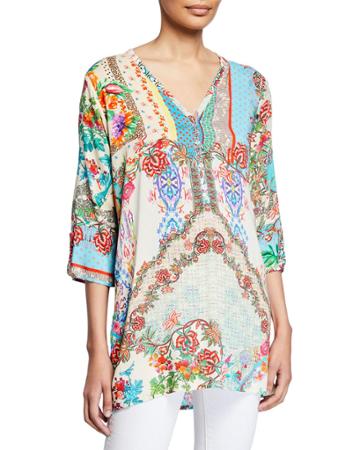 Resort Printed Button-down Tunic Blouse