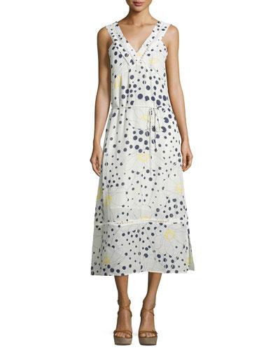 Sleeveless Floral-&-dot-print Midi Dress, White/multi