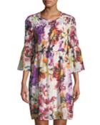 3/4-sleeve Floral-print Fit-&-flare Dress