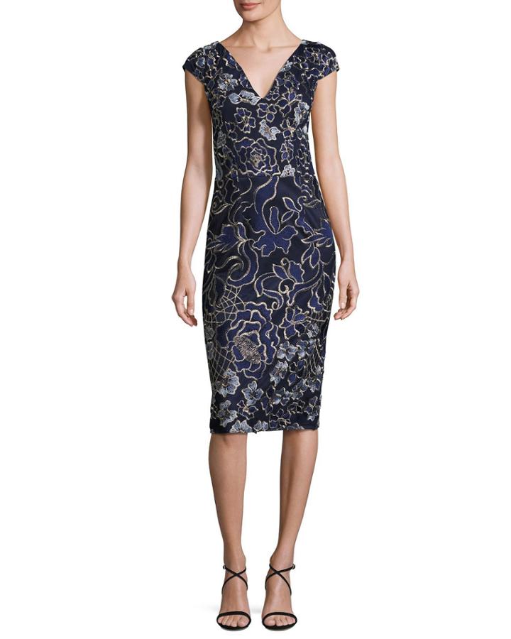 Cap-sleeve Embroidered Sheath Dress, Blue/multicolor