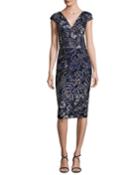 Cap-sleeve Embroidered Sheath Dress, Blue/multicolor