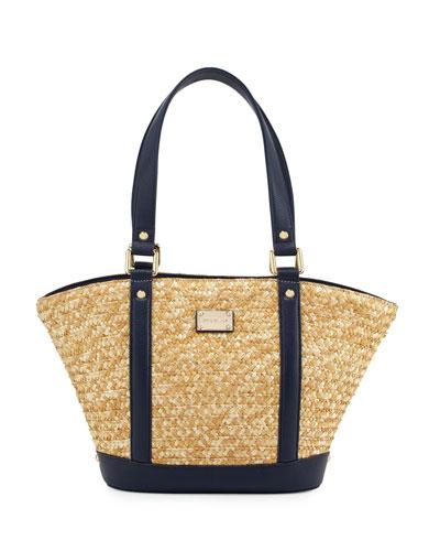 Woven Straw Tote Bag, Natural/navy