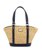 Woven Straw Tote Bag, Natural/navy