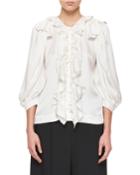 Puff-sleeve Silk Blouse With Ruffle Detail