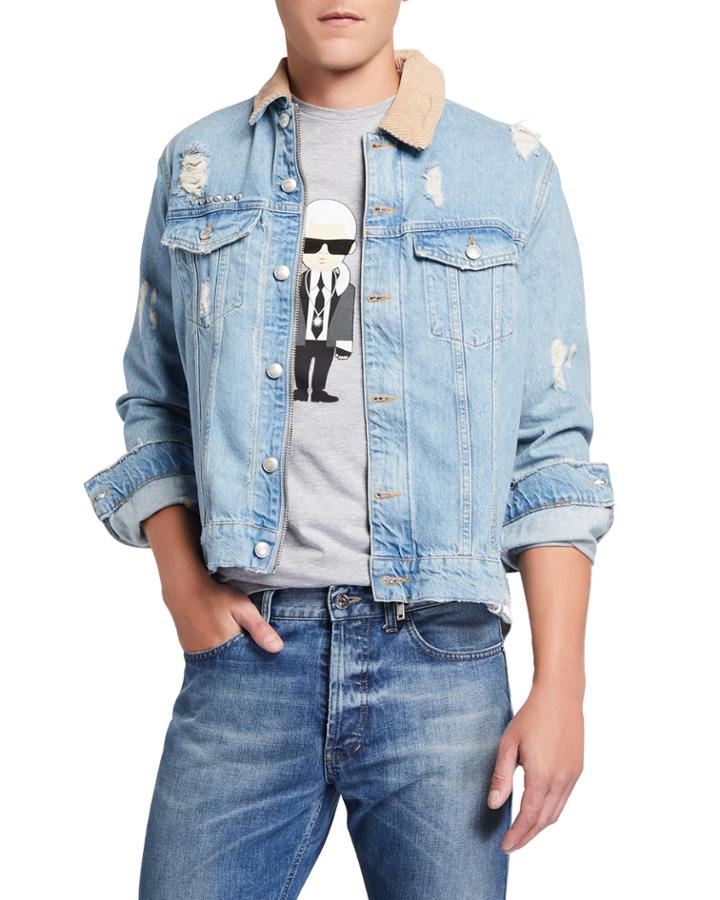 Men's Destroyed Denim Jacket With Corduroy Collar