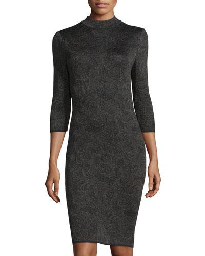 3/4-sleeve High-neck Jacquard Sheath Dress, Black/copper