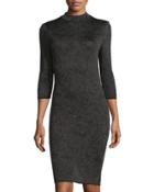 3/4-sleeve High-neck Jacquard Sheath Dress, Black/copper