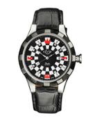 46mm Scacchi Men's Checkerboard Leather Watch, Black