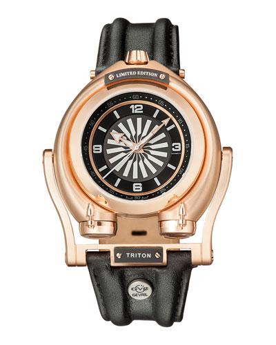 48mm Triton Men's Automatic Watch W/ Leather Strap, Black/rose Golden