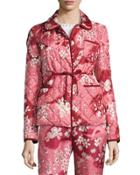 Quilted Floral Silk Open-front Jacket, Pink