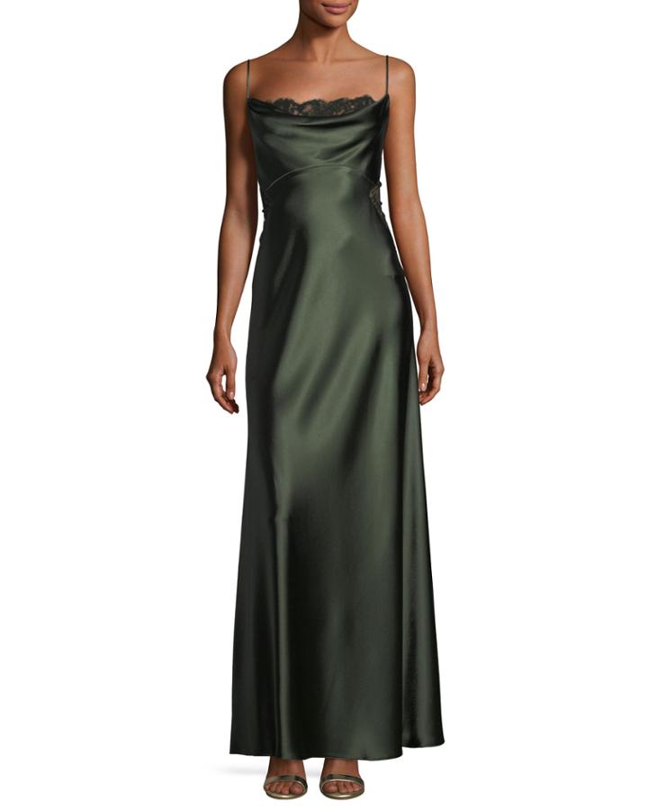 Satin Empire-waist Slip Column Evening Gown W/