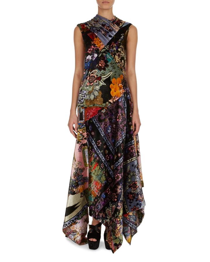 Patchwork Floral Velvet Silk Handkerchief-hem Dress