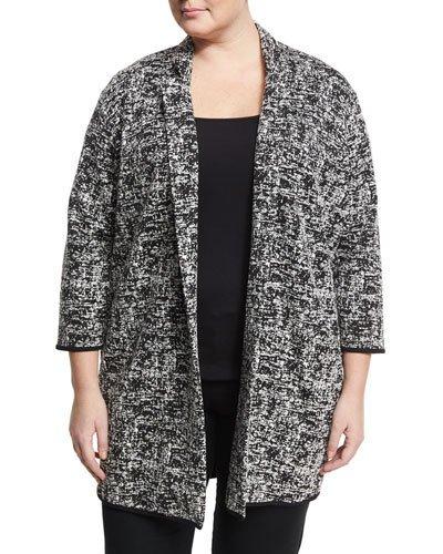 3/4-sleeve Boucle Cardigan, Black/white,