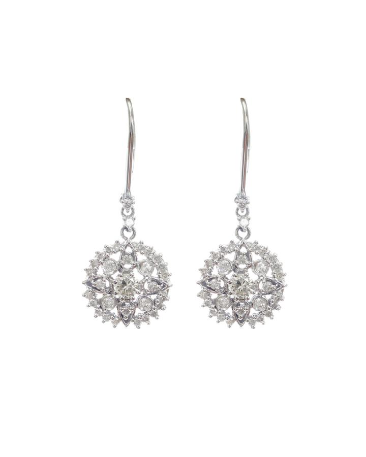 14k White Gold Diamond Round Flower-drop Earrings