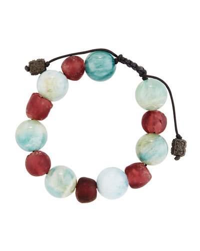 Aquamarine & Red Barrel Beaded Bracelet