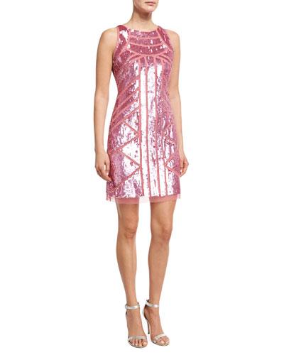 Sleeveless Geometric Sequined Sheath Dress, Pink