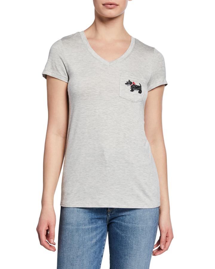 V-neck Cap-sleeve Pocket Tee With Embroidery