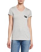 V-neck Cap-sleeve Pocket Tee With Embroidery