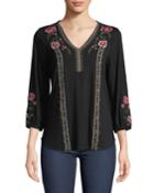 3/4-sleeve Embroidered Peasant Blouse