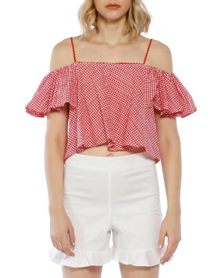 Riley Cold-shoulder Gingham Crop Top