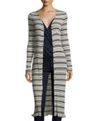 Long Snap-front Striped Cardigan, Black Pattern
