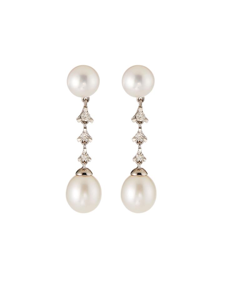 14k Whit Gold 2-pearl 3-diamond Earrings