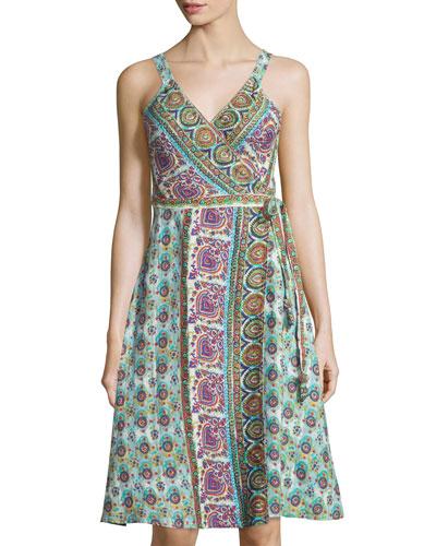 Ivara Linen Printed Wrap Dress, Coconut