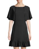 Cape-sleeve Ladder-stitch Flounce-hem Dress