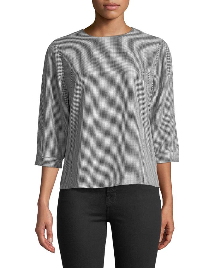 3/4-balloon-sleeve Gingham Blouse