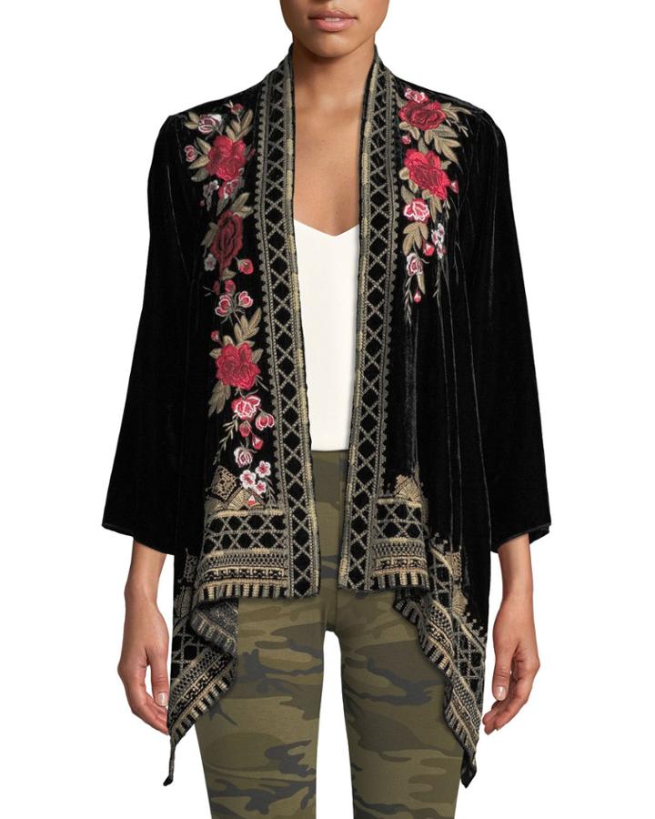 Meri Floral-embroidered Velvet Cardigan