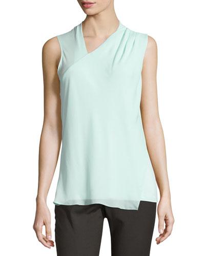 Pleated Asymmetric Sleeveless Blouse, Aloe