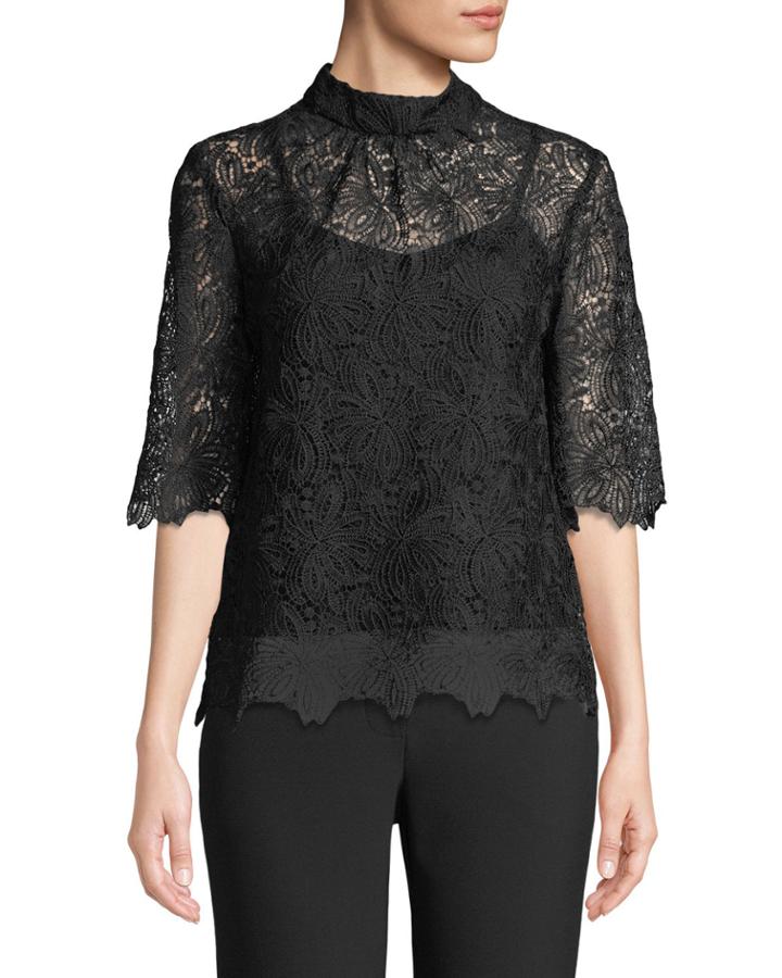 Janice 3/4-sleeve Mock-neck Lace-illusion Top