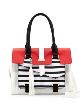 Poverty Flats By Rian Three-tone Striped Combo Satchel Bag, Black/white/red-orange