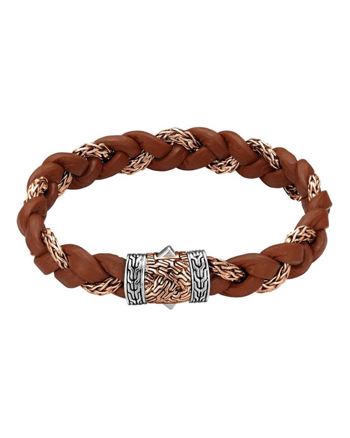Men's Bronze Classic Chain Woven Leather Bracelet,