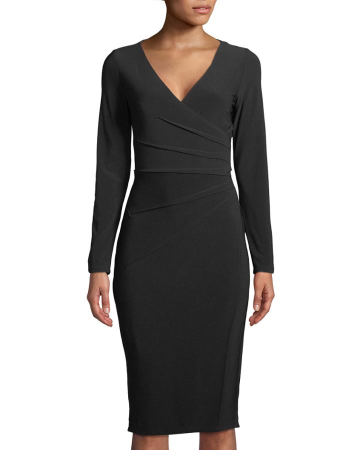 Long-sleeve Pleated-side Bodycon Dress