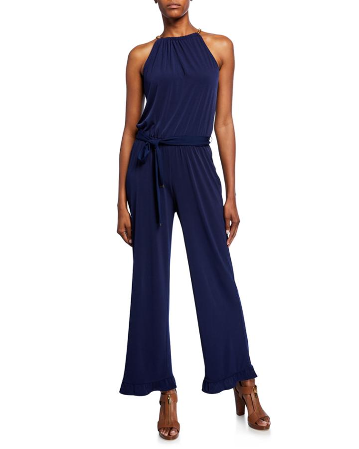 Chain Halter-neck Ruffle Wide-leg Jumpsuit