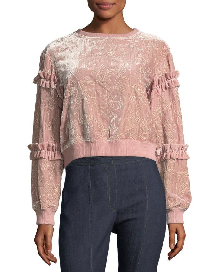 Nara Embroidered Velvet Pullover Sweatshirt W/ Ruffled Trim
