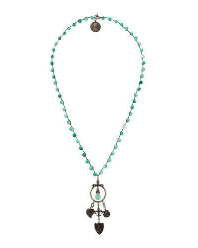 Long Amazonite & Jade-hued Beaded Pendant Necklace