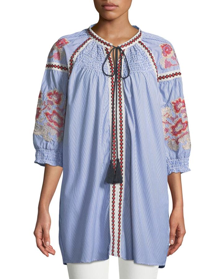 Smocked-yoke Embroidered Tie-neck Tunic