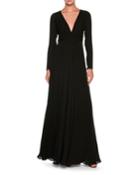Plunging Long-sleeve Silk Cady Floor-length Dress