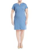 Deja Zip-front Bi-stretch Sheath Dress, Blue,