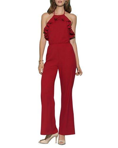 Halter-top Ruffle-front Jumpsuit, Red