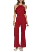 Halter-top Ruffle-front Jumpsuit, Red