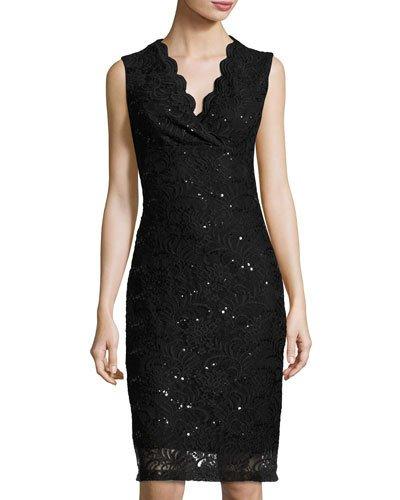 Sequined Lace Fitted Dress, Black
