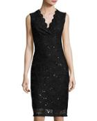 Sequined Lace Fitted Dress, Black