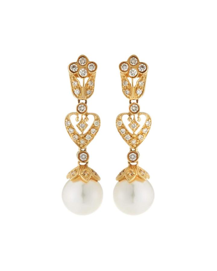 14k Gold Filigree Diamond & Pearl Drop Earrings