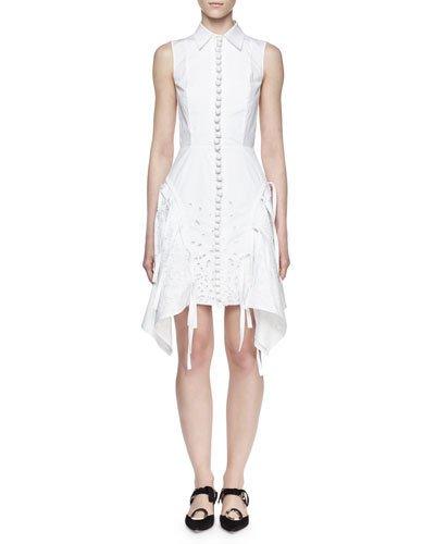 Sleeveless Embroidered Shirtdress, White