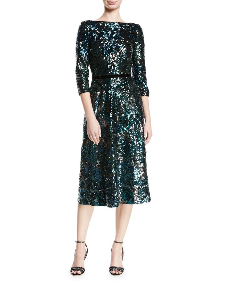 Sequin Tea-length Cocktail Dress W/ Velvet Trim